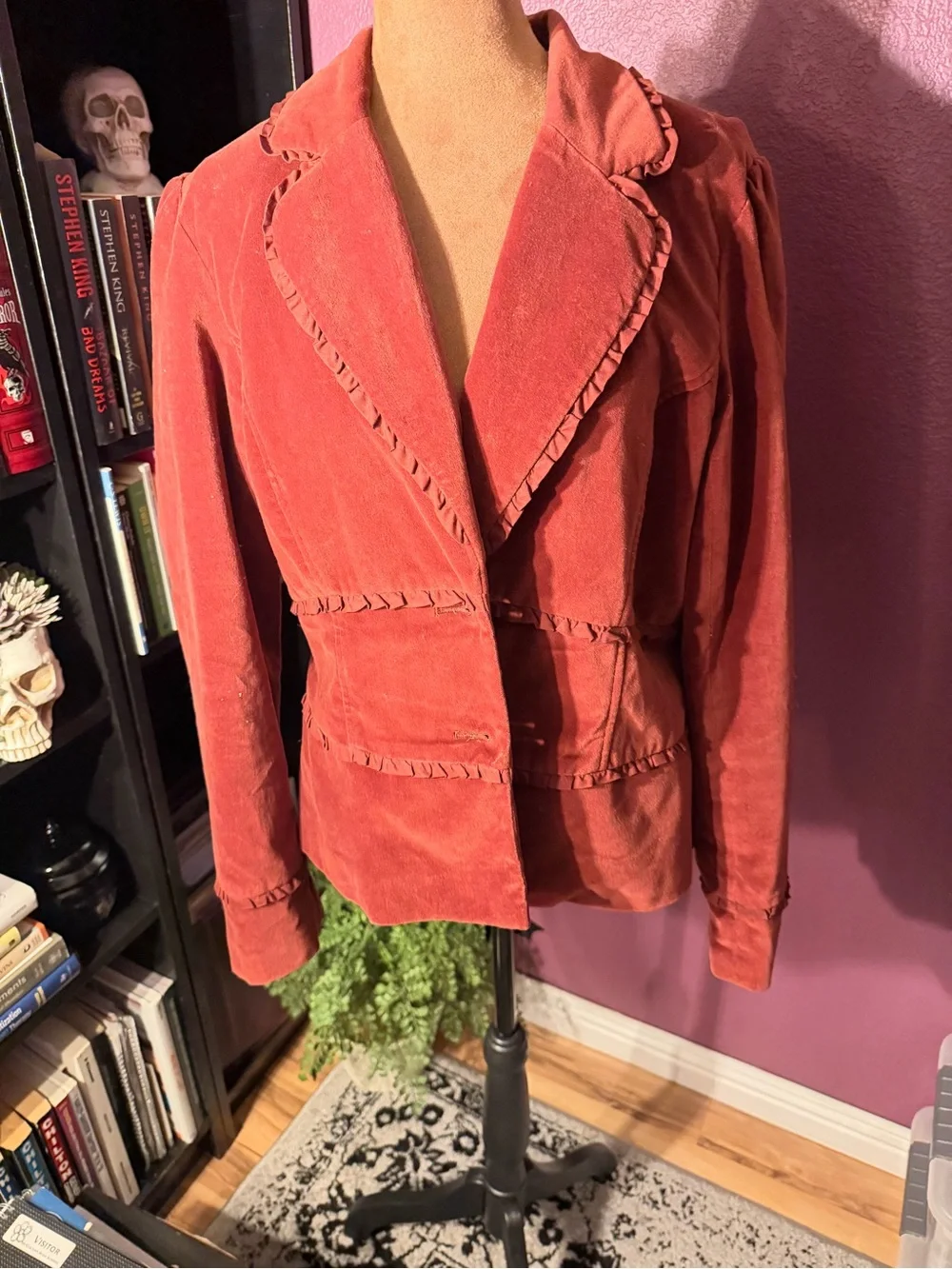 Ruffled Rust colored velvet Blazer- Classic Tailored Style